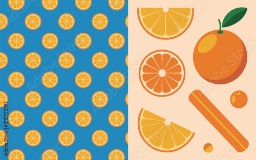 Orange vector illustration with slices and whole fruits on colorful background