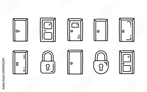 Door icons with padlocks in a simple line illustration style