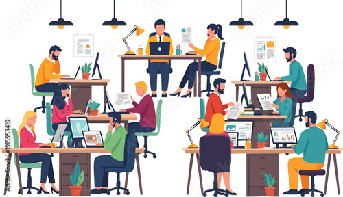 Diverse Business Team Working in Modern Open-Plan Office. Productive Professionals Collaborating in a Contemporary Workplace.