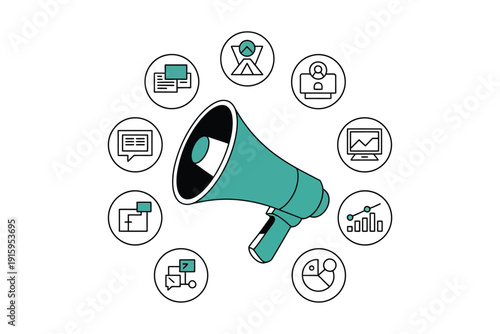 Megaphone vector illustration with various marketing icons around it