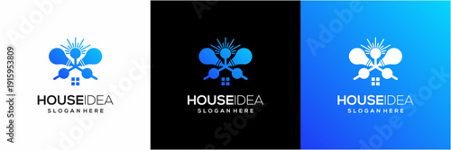 Smart House Idea logo template. Light Bulb and Home Building concept. Creative vector icon blue gradient.