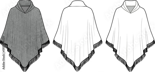 Knit Poncho with Fringe Technical Sketch, Women's Shawl Cape Flat Vector Illustration
