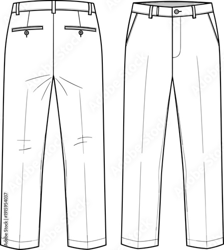 Men Formal Trousers Fashion Flat Sketch, Front and Back View Dress Pants Vector Template