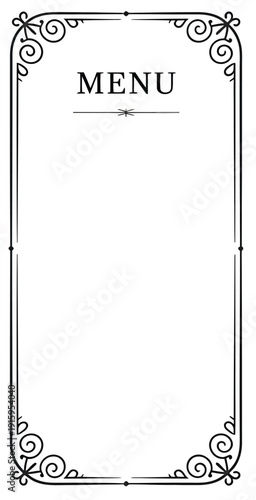 Tall restaurant menu template with ornate scrollwork corners and sophisticated thin line border