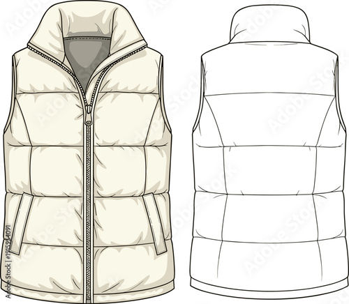 Puffer Vest Technical Sketch, Sleeveless Quilted Jacket Flat Vector Illustration Mockup
