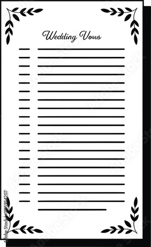 Wedding vows stationery template with leaf borders and lined paper for personal bridal message