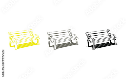 Bench wooden park furniture set in a vector illustration style