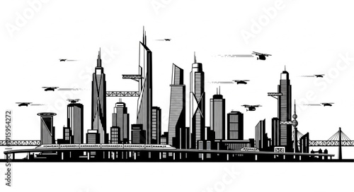 Modern City Skyline Silhouette Black and White Illustration.