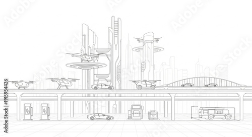 Modern Cityscape Architectural Sketch with Vehicles.