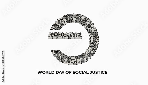 Illustration of diverse people forming equality symbol for World Day of Social Justice with a tree and building in the background, promoting gender equality and access to social welfare.