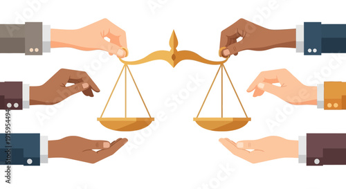 Illustration of diverse hands holding the scales of justice, symbolizing equality, legal protection, and social justice on World Day of Social Justice.
