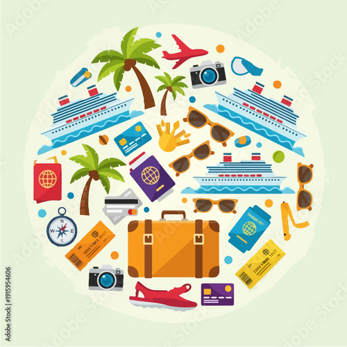 Travel and vacation flat design elements arranged in a circle.