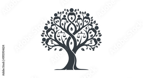 Illustration of a tree with heart-shaped leaves and people icons on World Day of Social Justice, symbolizing gender equality and access to social welfare.