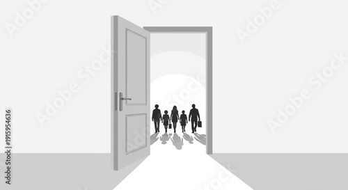 Illustration of people walking through an open door representing access to social welfare and legal protection on World Day of Social Justice