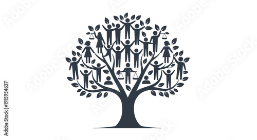 Illustration of a tree with people icons as leaves and branches, symbolizing social justice and equality on World Day of Social Justice, with a simple, iconic design.