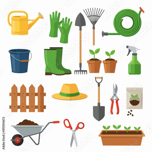 Gardening Tools and Supplies Collection Illustration.