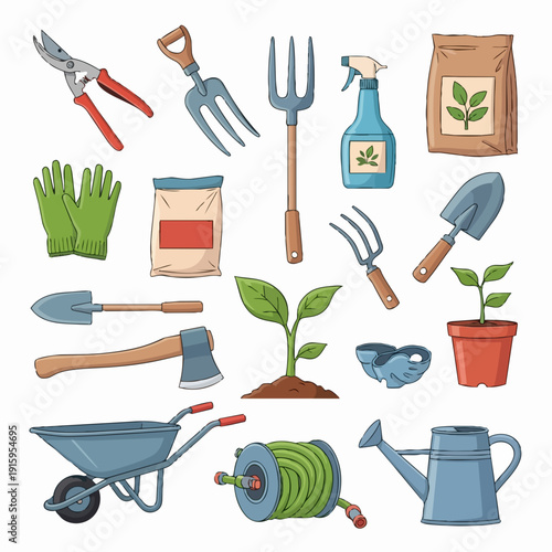 Gardening Tools and Supplies Collection Illustration.