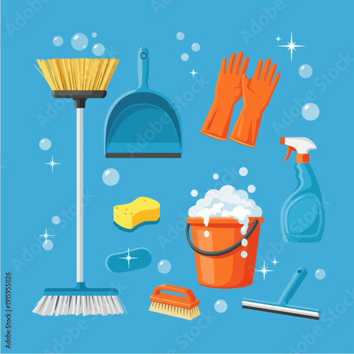 Cleaning supplies collection for house hygiene and tidiness.