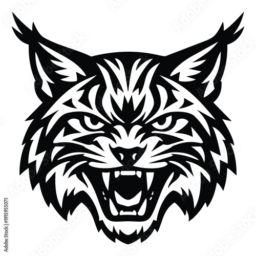 Stylized illustration of a bobcat head depicting an aggressive roar for sports team mascots and logos