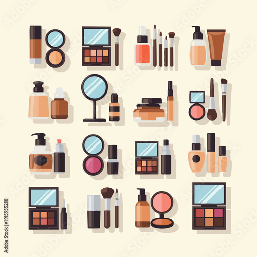 Collection of makeup and cosmetic products arranged neatly.
