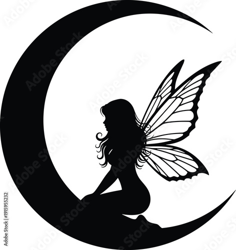 Black silhouette fairy sitting on crescent moon with wings