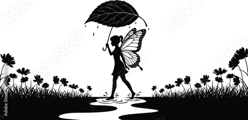 Fairy holding leaf umbrella walking in puddle surrounded by flowers grass