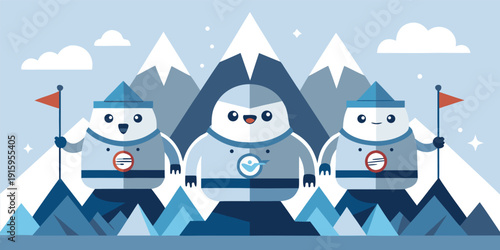 Three cartoon penguins in space suits standing on snowy mountains