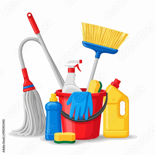 Cleaning supplies including mop bucket and broom for household chores.