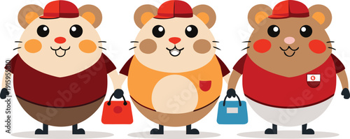 Three cartoon hamsters wearing red caps and holding shopping bags