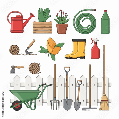 Gardening Tools and Supplies Collection Illustration.