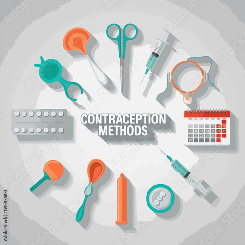Contraception Methods Illustrated with Medical Tools and Calendar.