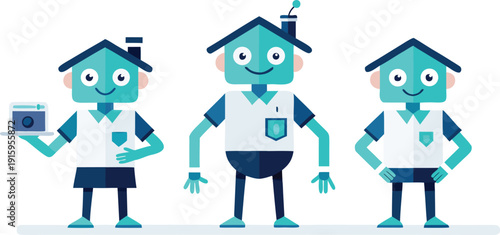 Happy house characters with different poses and laptop