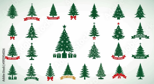 Collection of Diverse Christmas Trees with Gifts and Banners, Festive Holiday Design Elements