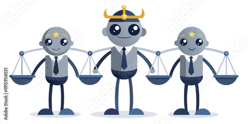 Three cartoon businessmen in suits balancing scales with golden crown