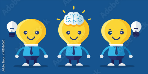Three cartoon lightbulb characters with ideas and inspiration
