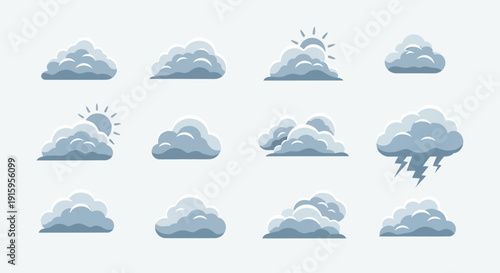 Set of 12 Cloud Icons, Weather Icons, Sky Elements, Vector Illustrations