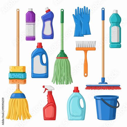 Collection of cleaning supplies and tools for home hygiene.