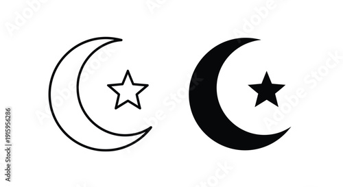 Vector illustration of crescent moon and star symbols in black and white