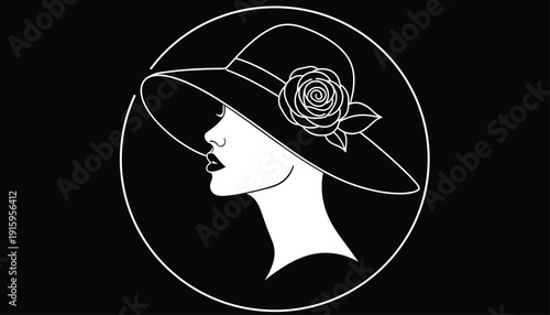 Elegant woman profile in a stylish wide brim sun hat with rose flower circular line art illustration minimalist black and white vector silhouette design.