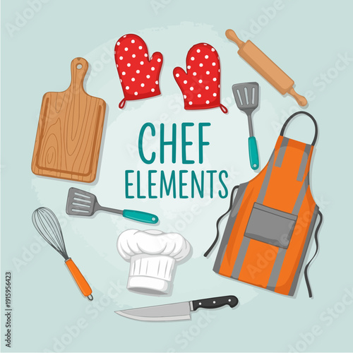 Collection of Chef Elements and Kitchen Utensils.