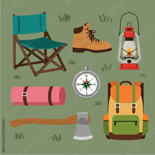 Camping and hiking equipment collection flat illustration.