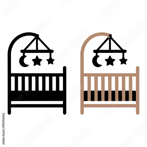 Two minimalist icons depicting a baby crib with a mobile featuring stars and a moon.