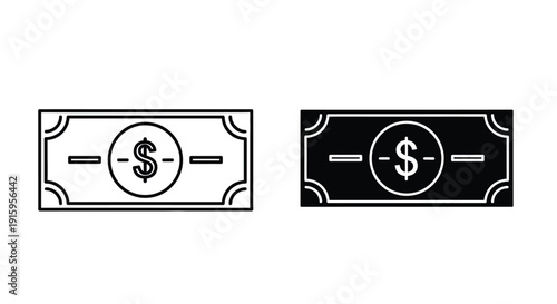 Vector illustration of black and white dollar bill icons in simple style