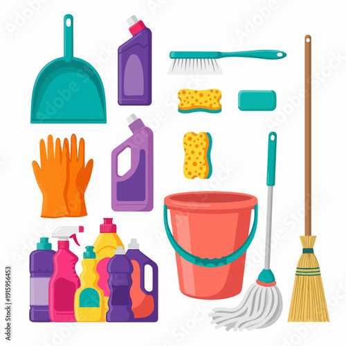 Collection of cleaning supplies and tools for household chores.