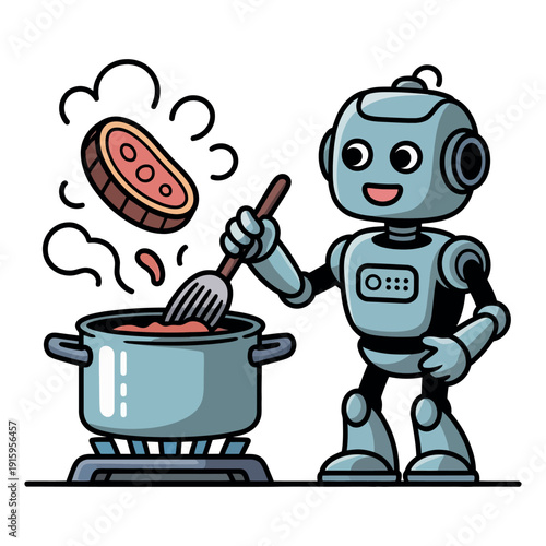 A cheerful robot is cooking a meal in a pot on a stove.