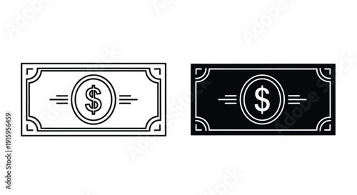 Vector illustration of dollar bill icons in black and white