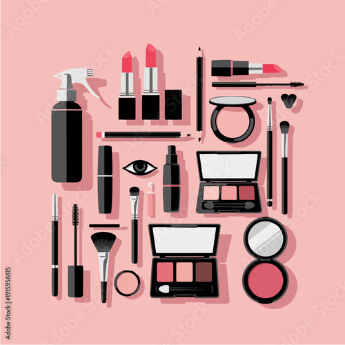 Collection of makeup products arranged on a pink background.