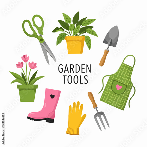 Gardening Tools and Plants Illustration.