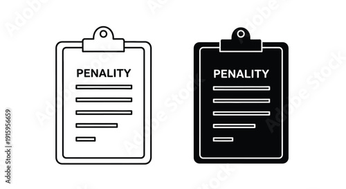 Two clipboard icons with penalty text in black and white line art