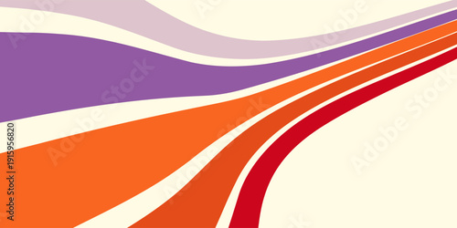Abstract colorful 70s background vector. Vintage retro wallpaper with rainbow stripes and wavy lines. A 1970 color illustration suitable for posters, banners, decorative items and wall art.